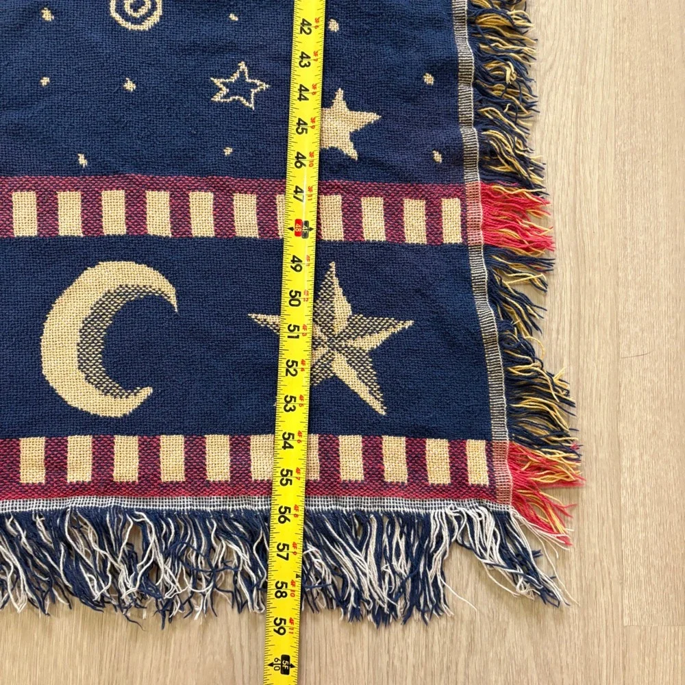 Vintage Celestial Sun Moon Stars Woven Tapestry Throw Blanket Navy Gold 48x60